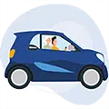 Une voiture avec deux personnes à bord, représentant le service d’accompagnement véhiculé pour rendez-vous, courses et sorties.