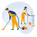 Un homme aspirant le sol et une femme nettoyant une table, représentant le service de ménage et travaux ménagers à domicile.