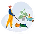 Un jardinier tond la pelouse, une brouette et une plante en arrière-plan, représentant le service d’entretien et d’aménagement des espaces verts.
